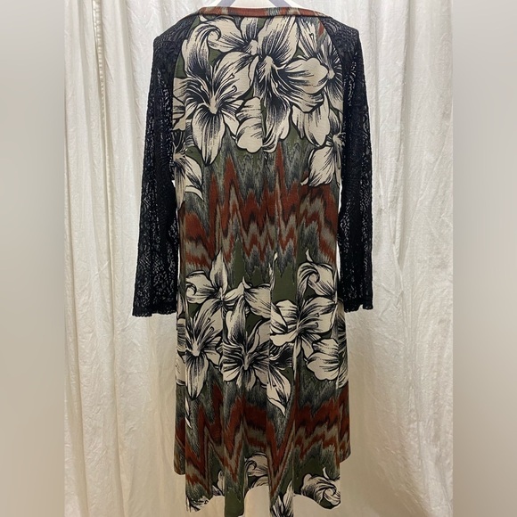 Women’s Plus Size Earth Tone‎ Floral Trapeze Flowy Dress Lace Sleeve Pockets 3X - Picture 5 of 11